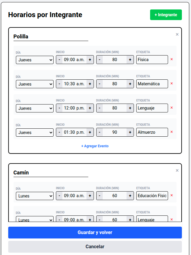 Configuración de horarios en la web